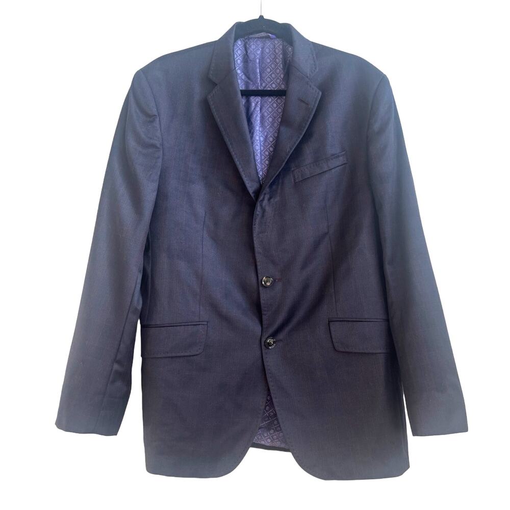 Ted Baker London Endurance 42R Wool Charcoal Gray w/ Purple Plaid Design Blazer